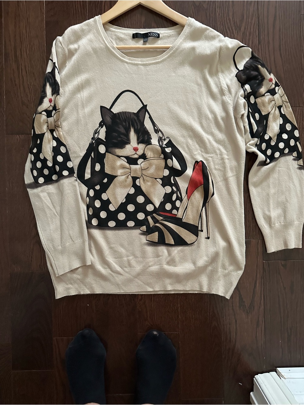 Cream Cat & Polka Dot Sweater with Bow Detail